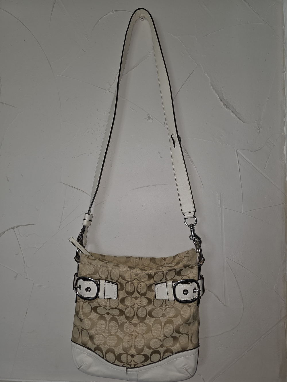 Coach Beige Signature Canvas Crossbody Bag with White Leather Trim